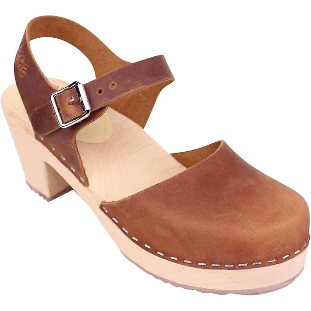 Lotta From Stockholm Tan Leather Slingback Clogs with Buckle